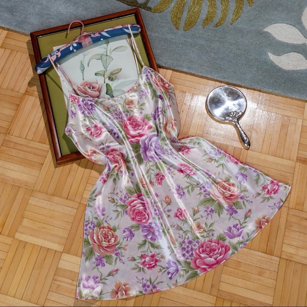 Vintage white with pink, purple and green floral print satin slip dress